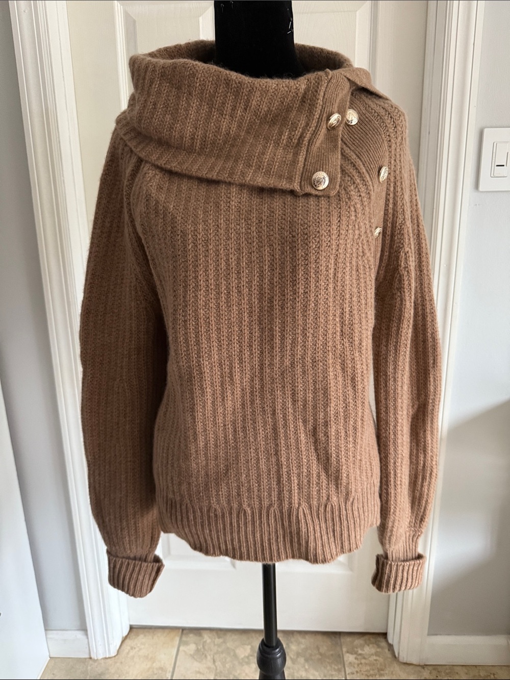 Elie Tahari Cashmere Camel Ribbed Button-Shoulder Turtleneck Sweater